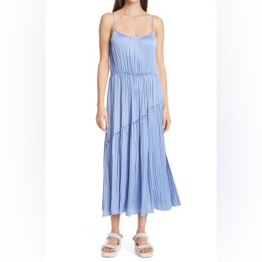 Vince Tiered Asymmetric Midi Satin Dress In Blue